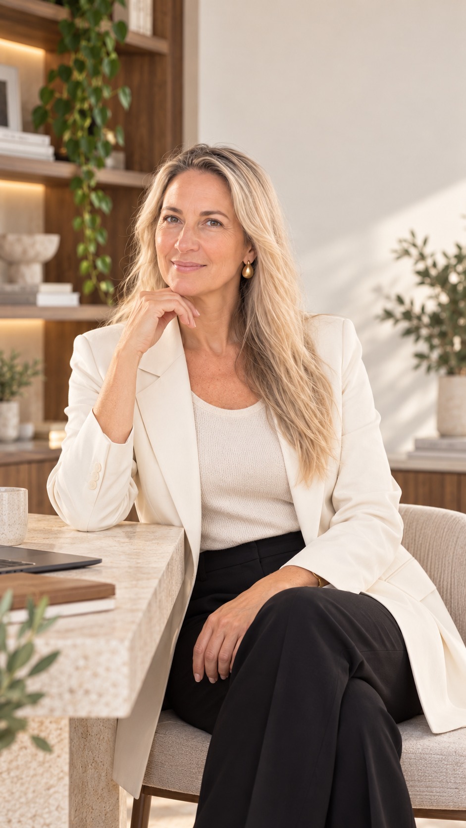 Angela Lopes seated at a stone desk in a cream blazer, smiling at the camera
